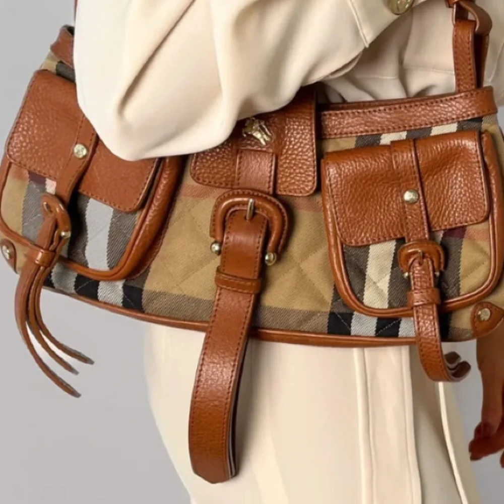 BURBERRY Satchel Canvas Check Shoulder Bag Caramel - Picture 4 of 15